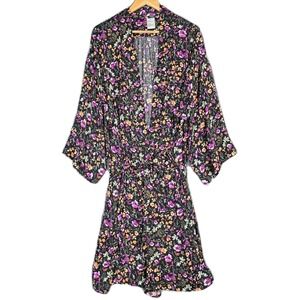 Land's End Robe Women's 3X Black Floral Lightweight Kimono Plus Size 24/26